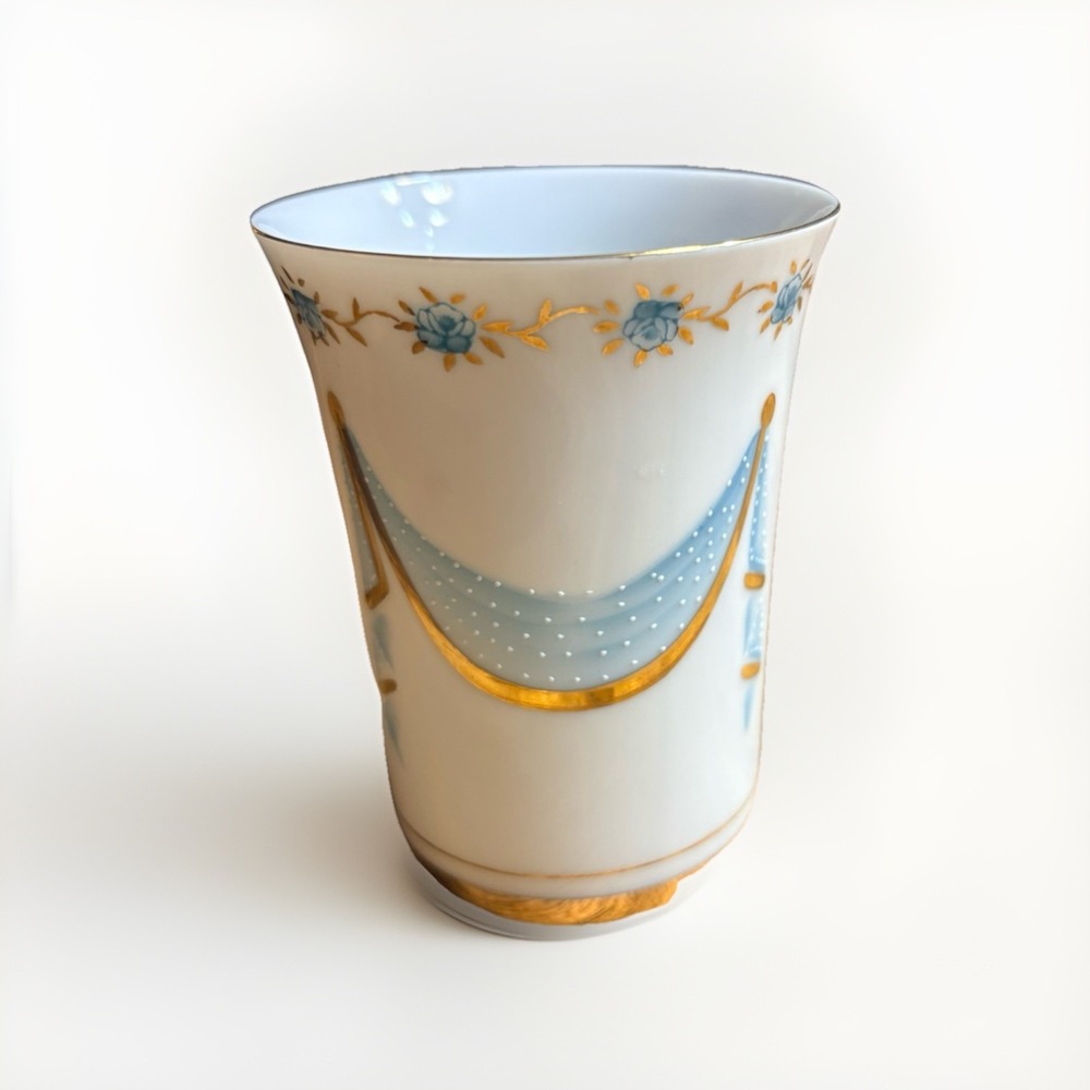 Andrea Bud Vase Teacup Blue Floral Lace Ribbon Gold 3 1/2 Hand Painted